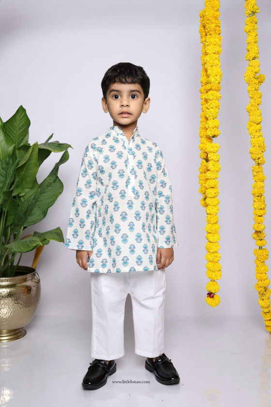 Blue Noir pure cotton kurta pajama set little lotus handcrafted cotton Blue Noir set for boys Blue Noir traditional block print kurta pajama set