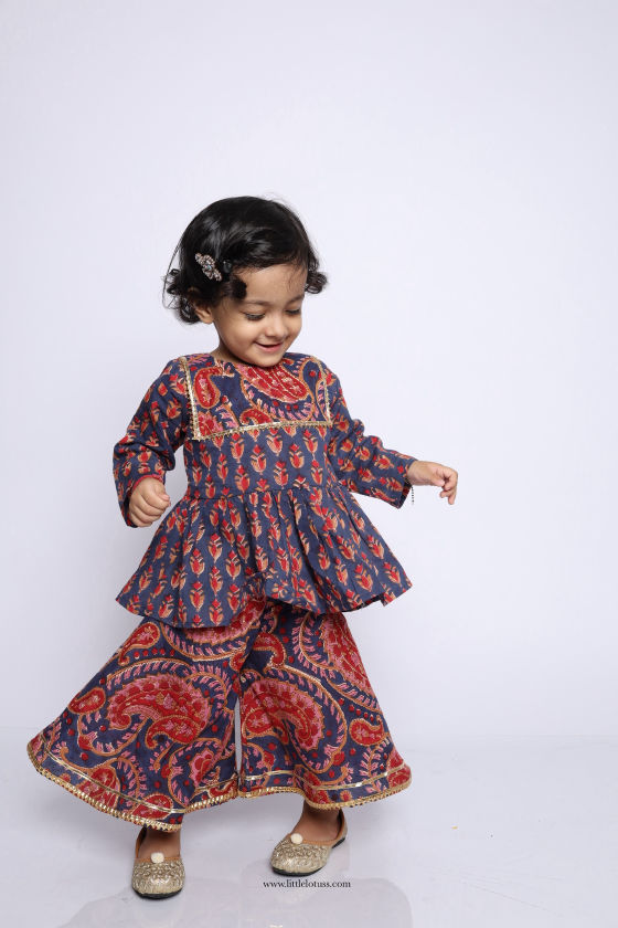 Vaidehi pure cotton peplum top and paisley palazzo little lotus handcrafted cotton peplum top and paisley palazzo for girls Vaidehi traditional block print peplum top and paisley palazzo