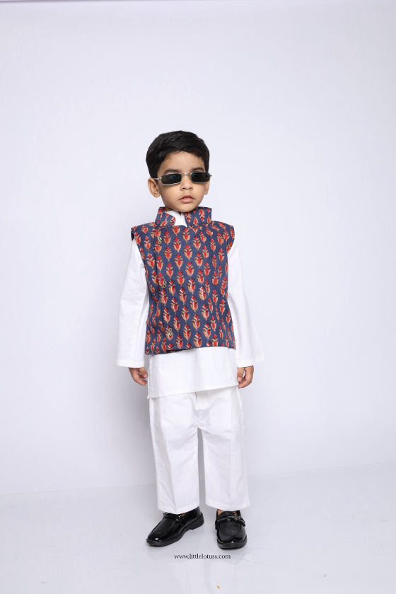 Reyansh pure cotton kurta pajama with nehru jacket, little lotus handcrafted cotton kurta pajama with nehru jacket for boys,Reyansh traditional block print kurta pajama with nehru jacket